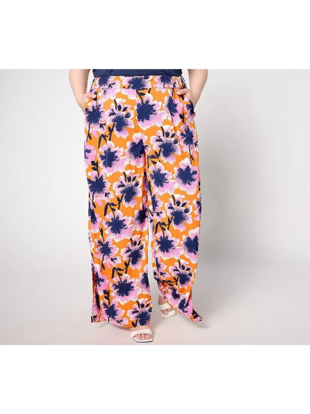 Studio Park x Leah Williams Pants Medium Petite Bold Floral Soft Creamsicle NEW